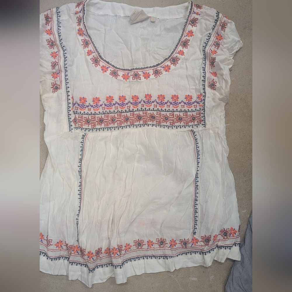 ANTHROPOLOGIE VANESSA VIRGINIA White Embroidered BEADED  Women’s Top BLOUSE L